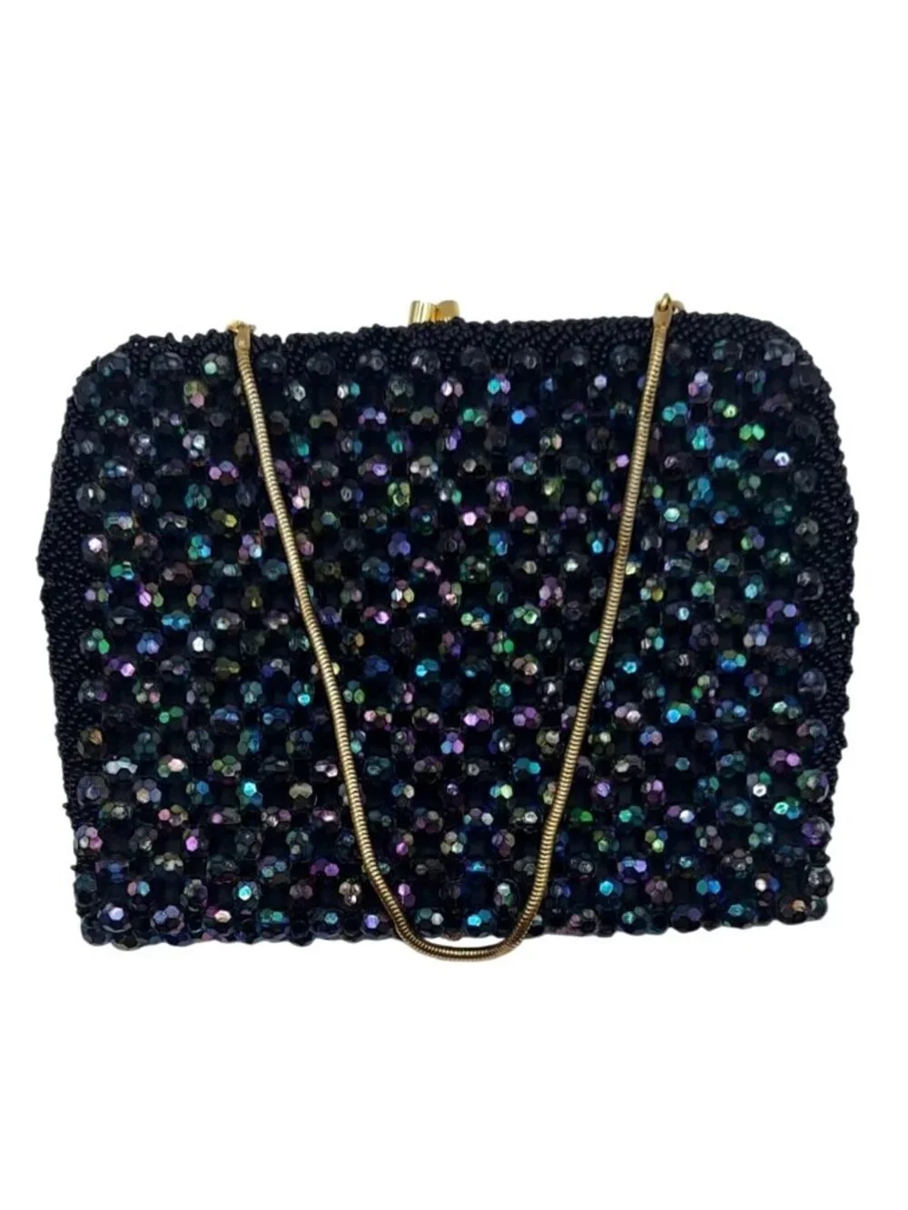 Vintage Black Beaded Evening Clutch Bag Iridescent Beads & Gold Chain Strap